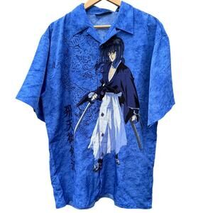 Million Guy Samurai Anime blue polyester button up shirt Size XL 16.5